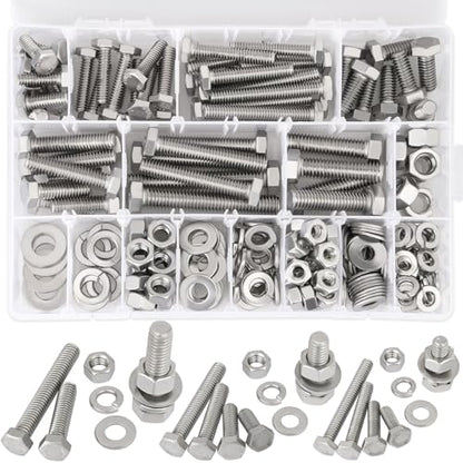 Hakkin 240Pcs Hex Bolts and Nuts Kit Stainless Steel Spring Washers Assortment Kit, 1/4" 5/16", 3/8" 10 SAE Sizes Machine Screws Set with Storage Case - size: 240PCS 1/4-20 5/16-18 3/8-16 Hex Bolts Silver