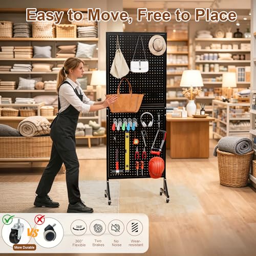 2 x 5.5 FT Metal Pegboard Display Stand with Wheel & Leveling Feet | Peg Board Panels Display Rack with 30 Hooks for Retail Store, Craft Show, Garage, Jewelry Organizer, Black - color: Black