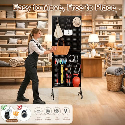 2 x 5.5 FT Metal Pegboard Display Stand with Wheel & Leveling Feet | Peg Board Panels Display Rack with 30 Hooks for Retail Store, Craft Show, Garage, Jewelry Organizer, Black - color: Black