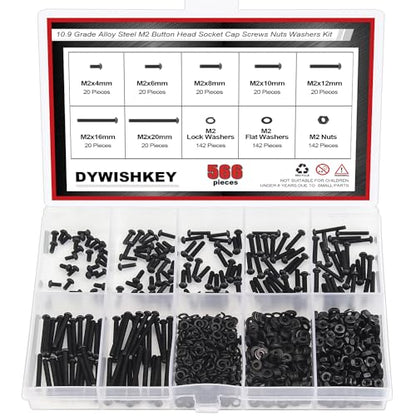 DYWISHKEY 566 Pieces M2 Black Screws, 10.9 Grade Alloy Steel M2x 4/6 /8/10 /12/16 /20mm Button Head Socket Cap Screws Bolts Nuts Washers Assortment Kit - size: M2, style: Button Head Socket Cap