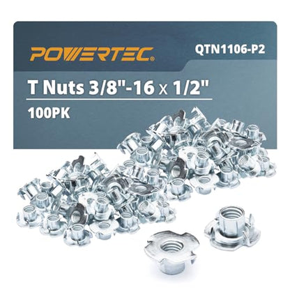 POWERTEC 3/8"-16 T Nuts, 100 Pack | 4 Pronged Tee Nuts for Bolts and Stem Caster Wheels, Threaded Inserts for Woodworking, Rock Climbing Holds and Furniture | 13/32" Length (QTN1106-P2) - size: 13/32", style: 3/8"-16