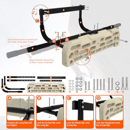 Hangboard Rock Climbing Hangboard with Door Way Pull Up Bar; Including Jugs, Pinches, Pockets, Edges and Slopes for Rock Climbing Training (10-21 cm)