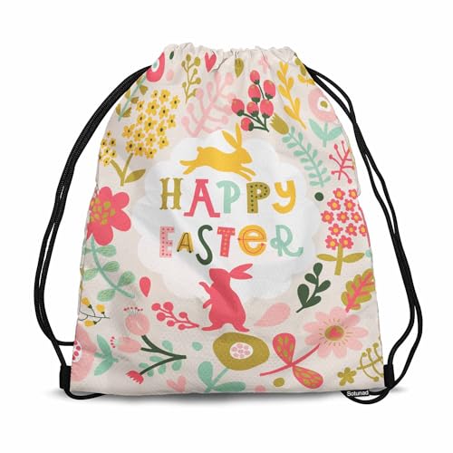 Drawstring Backpack Happy Easter Lightweight Gym Backpack Surrounding by Rabbits Pink Yellow Flower Red Berry Green Leaf for Women Men 14x16.9 Inch - color: Rabbits