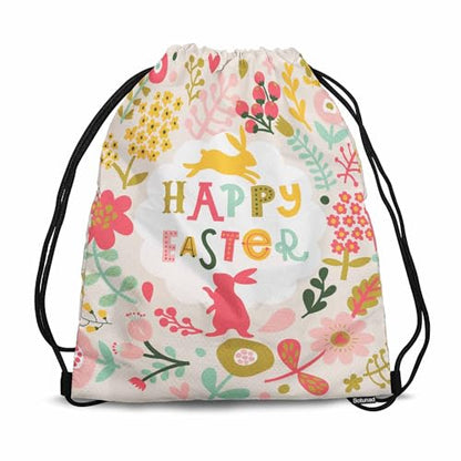 Drawstring Backpack Happy Easter Lightweight Gym Backpack Surrounding by Rabbits Pink Yellow Flower Red Berry Green Leaf for Women Men 14x16.9 Inch - color: Rabbits