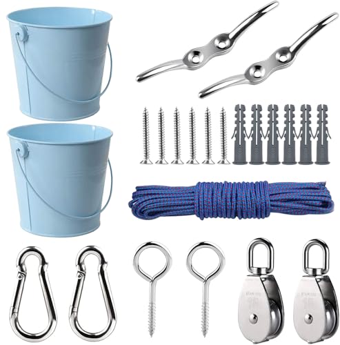 FUQUN Treehouse Accessories for Kids, Pulley with Bucket Cable, Kids Playhouse Accessories, Pulleys for Kids, Pirate Ship Accessories Outdoor, Playhouse Game, Bucket for Treehouse (2Sets, Blue) - size: Blue 2 sets