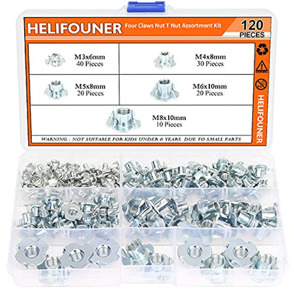 HELIFOUNER 120 Pieces M3 M4 M5 M6 M8 T Nuts Four Claw Nuts Assortment Kit for Wood, Rock Climbing Holds, Cabinetry