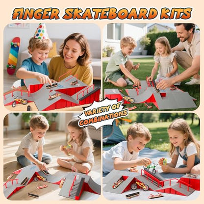 14-in-1 Fingerboard Skatepark Set with 8 Finger Skateboards and Finger Bike | Modular fingerboard skatepark, Multiple layouts, Smooth-edge ABS ramps, Half pipe and rails, Fits most standard fingerboards - color: 14in1-red