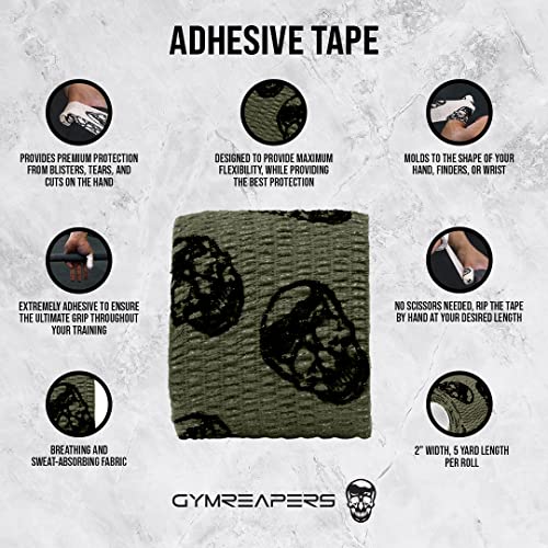 Gymreapers Hook Grip Weightlifting Tape (3 Pack) Premium Adhesive Thumb Skull Tape for Finger Protection, Powerlifting, Exercise & Cross Training - Athletic Sweat Proof Tape - color: OD Green