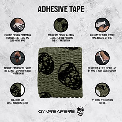 Gymreapers Hook Grip Weightlifting Tape (3 Pack) Premium Adhesive Thumb Skull Tape for Finger Protection, Powerlifting, Exercise & Cross Training - Athletic Sweat Proof Tape - color: OD Green