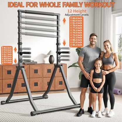 Foldable Pull Up Bar Station 66.1''-84.6'' Power Tower - color: 66"-85" with Dual Dip Handles & Assistance Bands