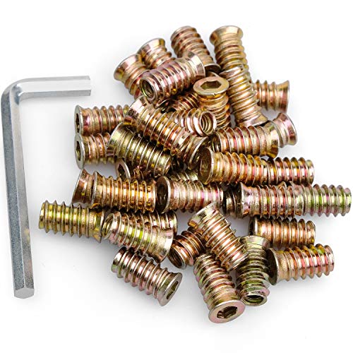 40Pcs Anwenk 1/4"-20 x 20mm Furniture Screw in Nut Threaded Wood Inserts Bolt Fastener Connector Hex Socket Drive for Wood Furniture Assortment (with Hex Spanner) - color: 20mm 40P