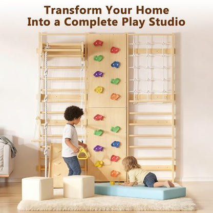 Cofiyard 9-in-1 Swedish Ladder Wall Gym & Climber, 94.5'' Wooden Wall-Mounted Climbing Set with Double-Sided Slide, Swing, Rope, Rings, Monkey Bars, Kids Indoor Playset, Wooden Climbing Jungle Gym