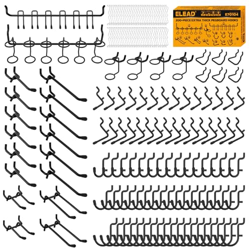 ELEAD 200-Piece Extra Thick Pegboard Hooks Set, 1/4" Heavy Duty Black Peg Board Organizer Accessories, Metal Pegboard Accessories with Pegs Lock, Peg Board Hooks for Hanging - color: 200-Piece Extra Thick Black