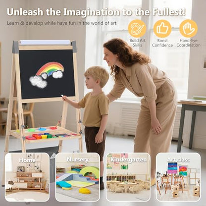 Kinder King Adjustable Wooden Kids Art Easel, Paper Roller, Storage (Grey) | Double-Sided Magnetic Whiteboard & Chalkboard, Art Supplies, Indoor & Outdoor, Painting & Drawing, 3 Years+, Gift - color: Grey