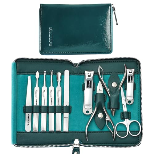 FAMILIFE Nail Kit, Professional Manicure Set Manicure Kit, 11 in 1 Stainless Steel Nail Clippers Set Pedicure Tools, Men Grooming Tool with Portable Blue Leather Travel Case Luxury Gifts for Him - color: Blue