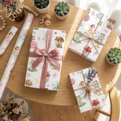 Liobelon Fairy Wrapping Paper Roll – 17" x 16.4 Ft Enchanted Forest Gift Wrap with Mushroom Houses, Flowers & Butterflies – Magical Birthday, Princess Party, Wedding Shower & DIY Craft Supplies - color: Fairy