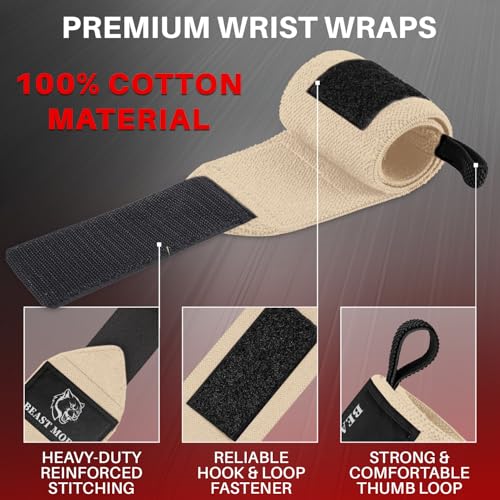 TECEUM Weightlifting 18" & 12" Wrist Wraps with Thumb Loop – Heavy Duty Wrist Workout Braces for Men and Women – Ideal for Powerlifting, Strength Training, Bodybuilding - color: Beige, style: 18" – Arms on Fire