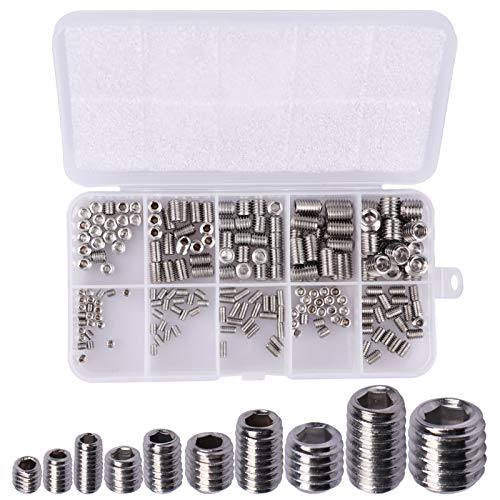 200Pcs Allen Head Socket Hex Set Screw Bolts Assortment Grub Screws Kit Metric M3 M4 M5 M6 M8 w/Internal Hex Drive, Stainless Steel - color: Silver