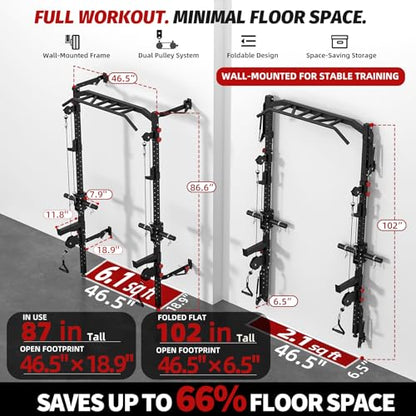 Wall Mounted Power Rack with Cable Crossover Machine, Foldable Squat Rack with Dual Pulley System, Pull Up Bar & J Hooks, 800 LB Capacity Space Saving Home Gym Strength Training Equipment