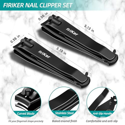 firiKer 2PCS Nail Clippers Set, Heavy Duty Black Matte Stainless Steel Nail Clipper with Nail File, Ultra Sharp Fingernail and Toenail Clipper Cutters,Clipper Tools for Men & Women - color: Black