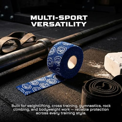 Weightlifting Hook Grip Tape 23ft Roll – 100% Elastic Sweat & Chalk Proof Thumb Tape for Crossfit, Gym, Weightlifting, Pull Ups, Gymnastics, Rowing & Multi-Sport Grip Protection - 6 Pack (Blue)