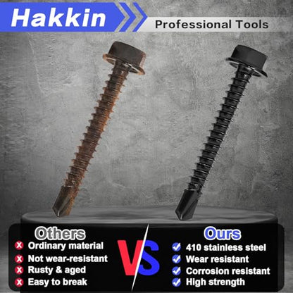 #8#10#14 470Pcs Self Drilling Screws for Metal, Hakkin Self Tapping Tek Screw Assortment Kit, Black Oxide 410 Stainless Steel Sheet Metal Screws Hex Washer Head 1/2" 3/4" 1" 1-1/2", Socket Included - size: 470PCS #8 #10 #14 Self Drilling Screws Black
