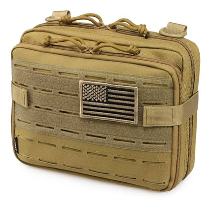 WYNEX Tactical Molle Admin Pouch, Double Layer Large EDC Tool Pouch Bag | Laser-Cut Design, Medical EMT IFAK with Map Pocket, Tool Organizer Molle Accessories, Flag Patch Included, 9.5"x7.5"x3.2" - color: Khaki