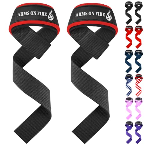 TECEUM Lifting Straps for Weightlifting Gym Strength Training - Wrist Straps with Neoprene Padded Cotton - Men & Women – Ideal for Powerlifting, Bodybuilding & Deadlifts - color: Black and Red, size: 18" - Arms on Fire