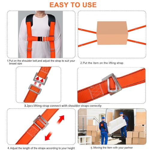 Upgraded Furniture Moving Straps with Chest Buckle,Shoulder Moving Straps with 1-Person Lifting Strap, Adjustable Easily Lifting and Moving for Mattresses, Appliances Heavy Object Up to 1200LBS - color: Orange-2Person Straps