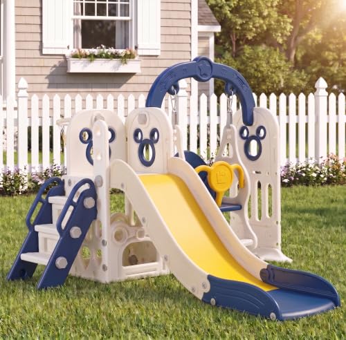7 in 1 Toddler Slide and Swing Set, Kids Climber Playset with Ball & Hoop | Indoor Outdoor Playground with Storage Space, Flexible Setup, Reinforced Suction Cup Base for Backyard & Home Use, Dark Blue - color: Dark Blue