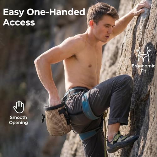 Rock Climbing Chalk Bag, 210D High-Tensile Polyethylene Durable Chalk Bag with Fleece Lining & Adjustable Belt, for Bouldering, Gym, Weightlifting - color: brown