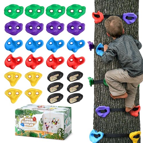 TOPNEW 20 Ninja Tree Climbing Holds for Kids Climber, Adult Climbing Rocks with 6 Ratchet Straps for Outdoor Ninja Warrior Obstacle Course Training - style: 20 Pcs Multicolor Color 2