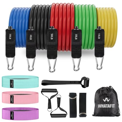 WHATAFIT Resistance Bands with Handles, 5-Level Exercise Bands for Workout | Natural latex,10-50 lbs, stackable to 150,Ankle Straps, Door Anchor,Guide. For Strength, Yoga,Home Gym,Travel & Workout. - color: Mottled