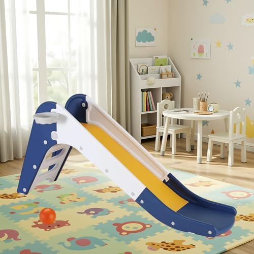 Toddler Indoor Slide, Foldable Baby Climber Playset with Basketball & Hoop | 63 in Extra Long Slope, Non-Slip Steps, Sturdy Plastic, Outdoor Playground for Backyard, Home & Playroom Use, Dark Blue - color: Dark Blue