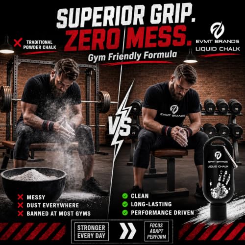 EVMT Brands Liquid Chalk, Mess Free Gym Chalk for Weightlifting, Gymnastics, Rock Climbing, Dancing. Sweat Resistant and Long Lasting for Stronger Grip.