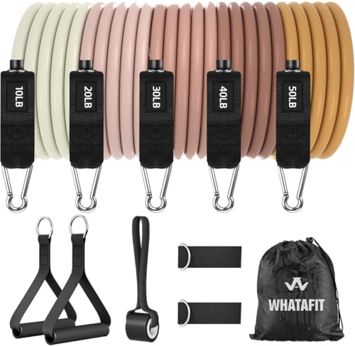 WHATAFIT Resistance Bands with Handles, 5-Level Exercise Bands for Workout | Natural latex,10-50 lbs, stackable to 150,Ankle Straps, Door Anchor,Guide. For Strength, Yoga,Home Gym,Travel & Workout. - color: Gradient Coffee