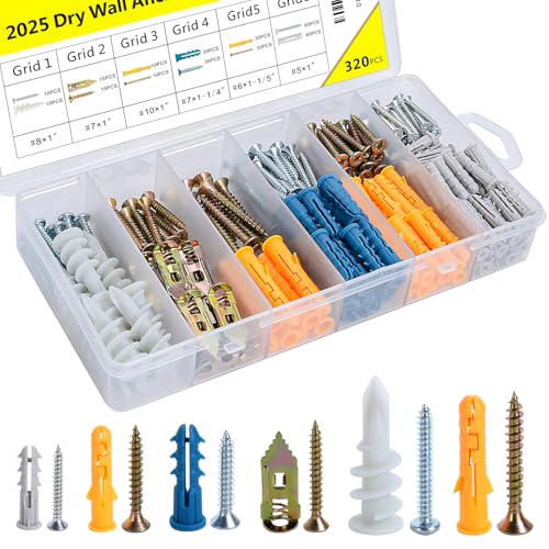 320PCS Drywall Anchors and Screws Kit - 6 Sizes Wall Anchors for Drywall with Plastic & Phillips Screws, Assortment Kit for Shelves, Pictures, Curtains, Art Hanging - style: 320 Pcs