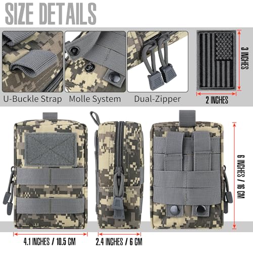2 Pack Tactical Molle EDC Pouch Multi-Purpose Compact Pack Water-Resistant Utility Pouch with Flag Patch - color: Gray Camo