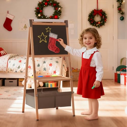 Kinder King Adjustable Wooden Kids Art Easel, Paper Roller, Storage (Grey) | Double-Sided Magnetic Whiteboard & Chalkboard, Art Supplies, Indoor & Outdoor, Painting & Drawing, 3 Years+, Gift - color: Grey