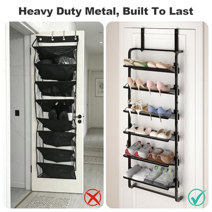BUKFEN 6 Tier Adjustable Heavy Duty Metal Shoe Rack, Door Hanging and Wall Mount Organizer for Closet, Bedroom, Entryway, Laundry, Apartment, Small Spaces, Space Saving Solution for Busy Homes