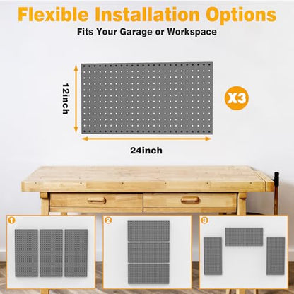 Pegboard Smith Metal Pegboard Panels 12" x 24", 3 Pack Black Wall Mounted Tool Organizer Boards, Heavy Duty Tool Storage Peg Board for Garage, Workbench, Office, Fits 1/4" Peg Hooks - style: 3 Pack Black Panels