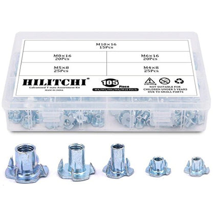Hilitchi 105-Pcs M4 5 6 8 10 Zinc Plated Steel T Nuts Four Claw Nuts Assortment Kit for Wood Rock Climbing Holds Cabinetry Furniture