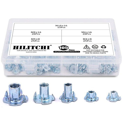 Hilitchi 105-Pcs M4 5 6 8 10 Zinc Plated Steel T Nuts Four Claw Nuts Assortment Kit for Wood Rock Climbing Holds Cabinetry Furniture