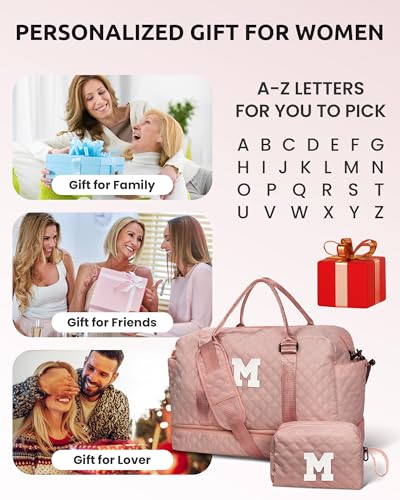 Travel Bag-Gifts for Daughter-Weekender Bags for Women-Gifts for | Teen Girls Initial Duffle Bag with Shoe Compartment, Kids Weekender Bags, Monogram Overnight bag, Sister Gifts (Letter M) - color: Pink, style: M