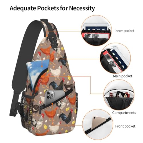 Funny Rooster Print Crossbody Sling Bags for Women Men Cute Chicken Cock Hen Domestic Animal Print Travel Sling Backpack Casual Shoulder Bag Rustic Country Farmer Life Theme Hiking Daypack - color: White Orange Black
