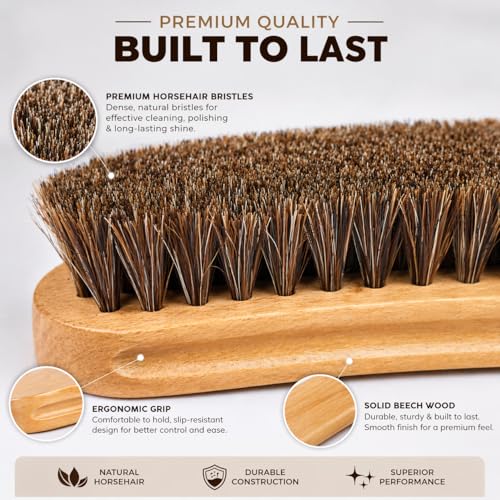 London Shine Shoe Shine Brush Kit, 4 Piece Horsehair Shoe Polish Brush Set for Leather Shoes & Boots, Shoe Care Cleaning Kit with Dauber Applicator Brushes, Suede Cleaner Brush and Microfiber Cloth.