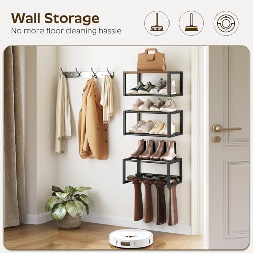 YATINEY Wall Mounted Shoe Rack, Shoe Organizer for Wall, 3 Pack Floating Shoe Shelf, Hanging Metal Shoe Storage, Holds 6-12 Pairs, 6-Tier Space Saving for Entryway, Rustic Brown and Black SS01BR