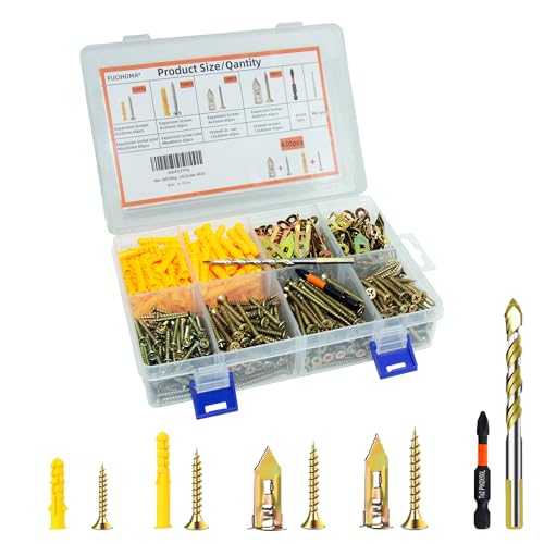 430pcs Self Drilling Drywall Anchors with Screws,4 Sizes Concrete Screws & Drywall Anchors Assortment &with M6 Drill Bit- Assorted Wall Anchors Set for Shelves, Mirrors, Wall Art, Home Decor ﻿ - size: Screws -430-B