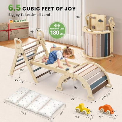BlueWood Pikler Triangle Set with Cushion, Wooden Climbing Toys for Toddler | Foldable 9-in-1 Montessori Philosophy Toddler Climbing Toys Indoor with Reversible Ramp, Arch and Ladder - Pink - color: Pink