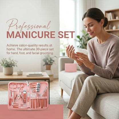 30pcs Professional Stainless Steel Manicure & Pedicure Kit Suitable for - Complete Nail Care with Nail Clippers, Cuticle Trimmer, Ear Spoon & Files, Portable Storage Case - Ideal for, Travel(Pink)